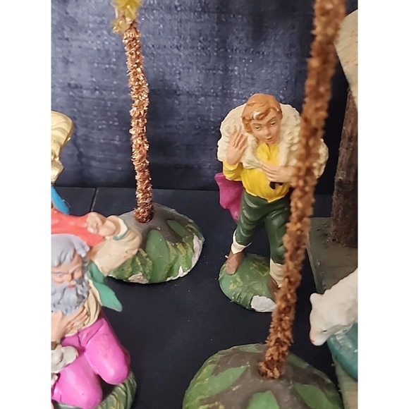 Antique 40s German Putz Chalkware Nativity Set w/ Creche 17pc Composition Palm - Picture 3 of 12